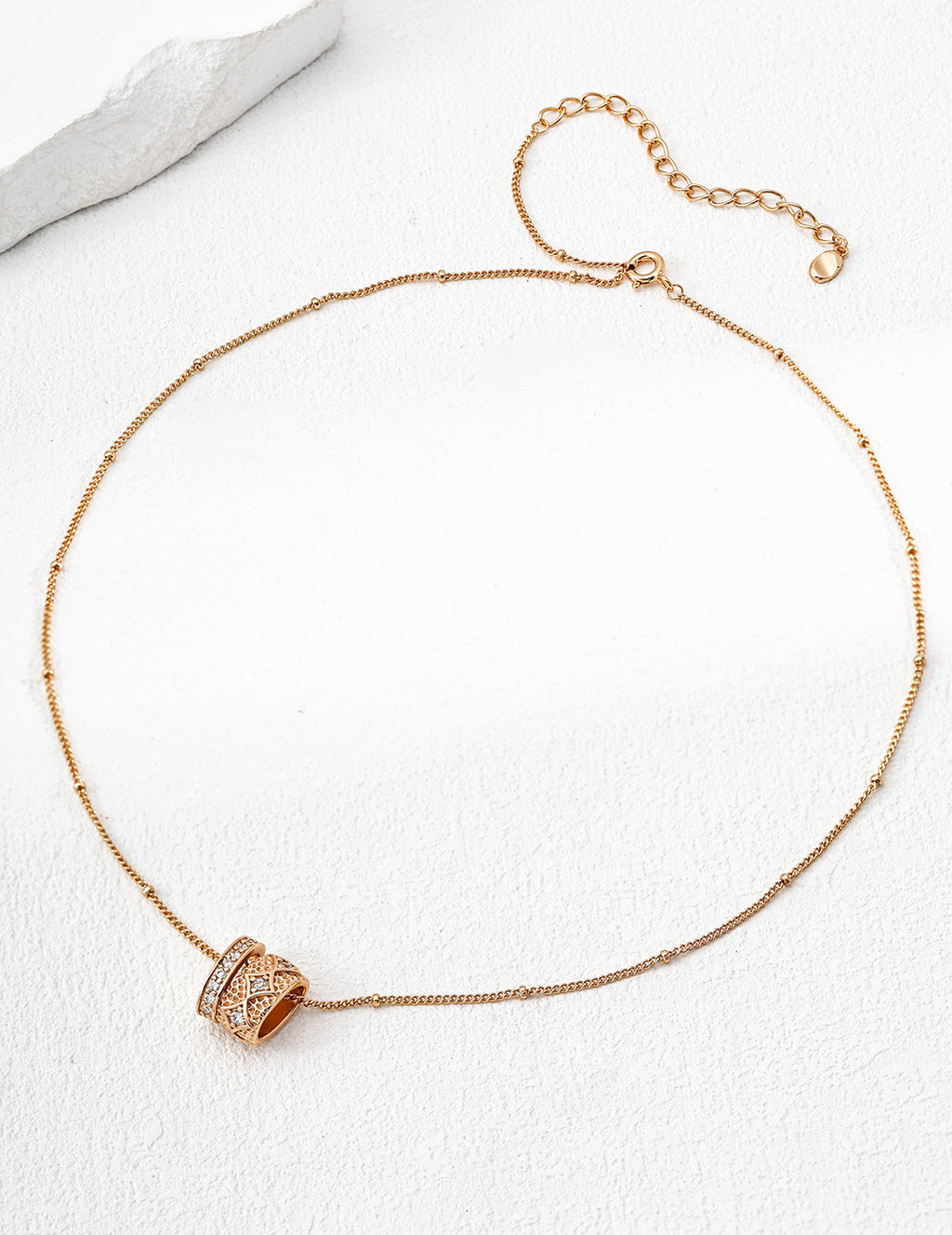 14k gold plated pendant barrel with cubic zirconia on delicate adjustable Mira Aura chain necklace
