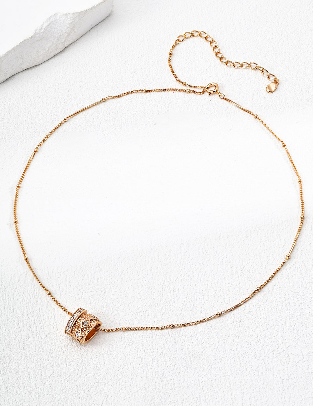 14k gold plated pendant barrel with cubic zirconia on delicate adjustable Mira Aura chain necklace