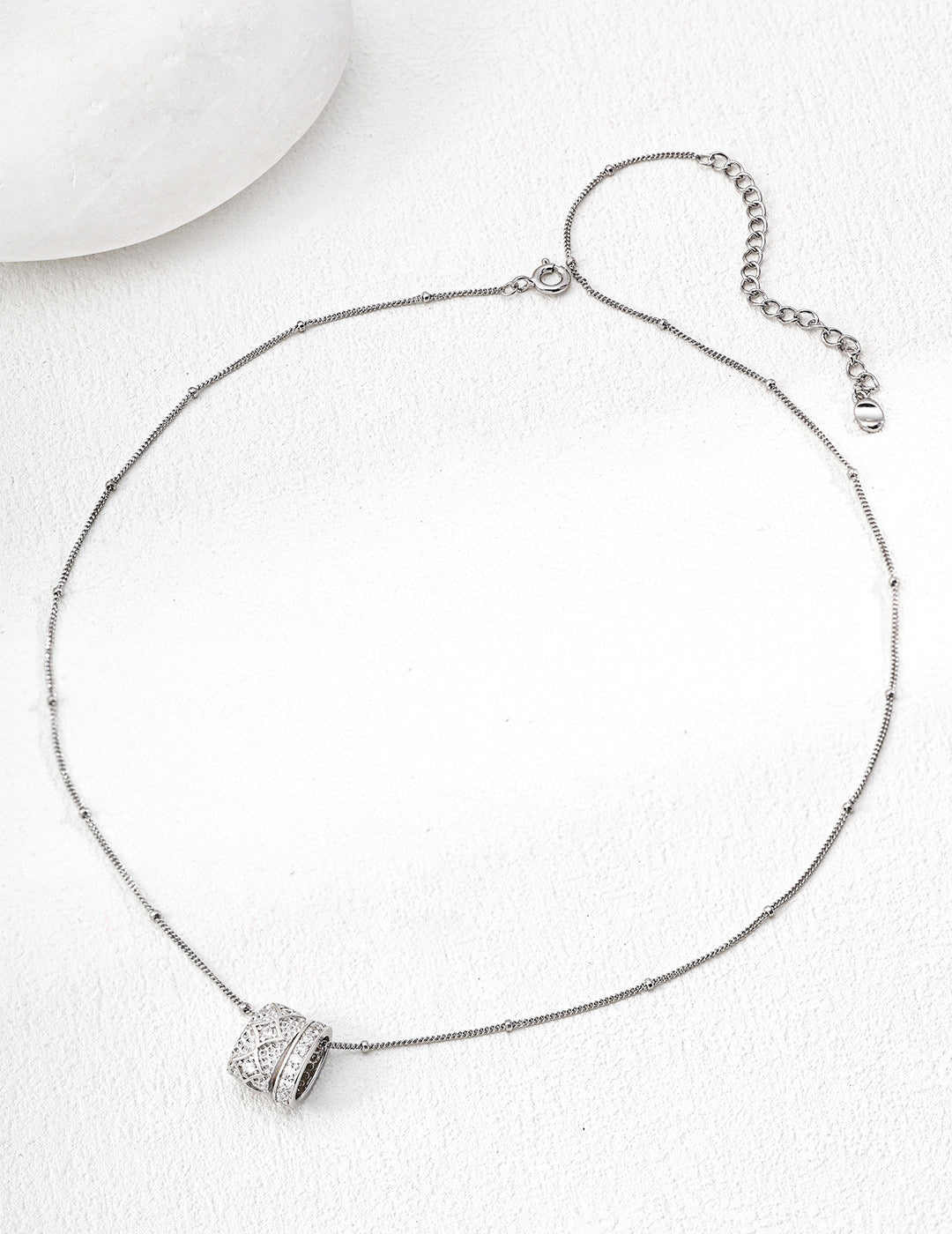 Mira Aura delicate chain necklace with 14k gold plated pendant pave cylinder charm and extender