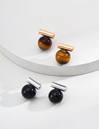 Mira Aura stud earrings set with tiger eye and black onyx stones with metal bars natural stone jewelry for women
