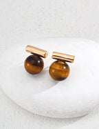 Mira Aura gold bar tiger eye stud earrings with round brown stones natural stone jewelry for women