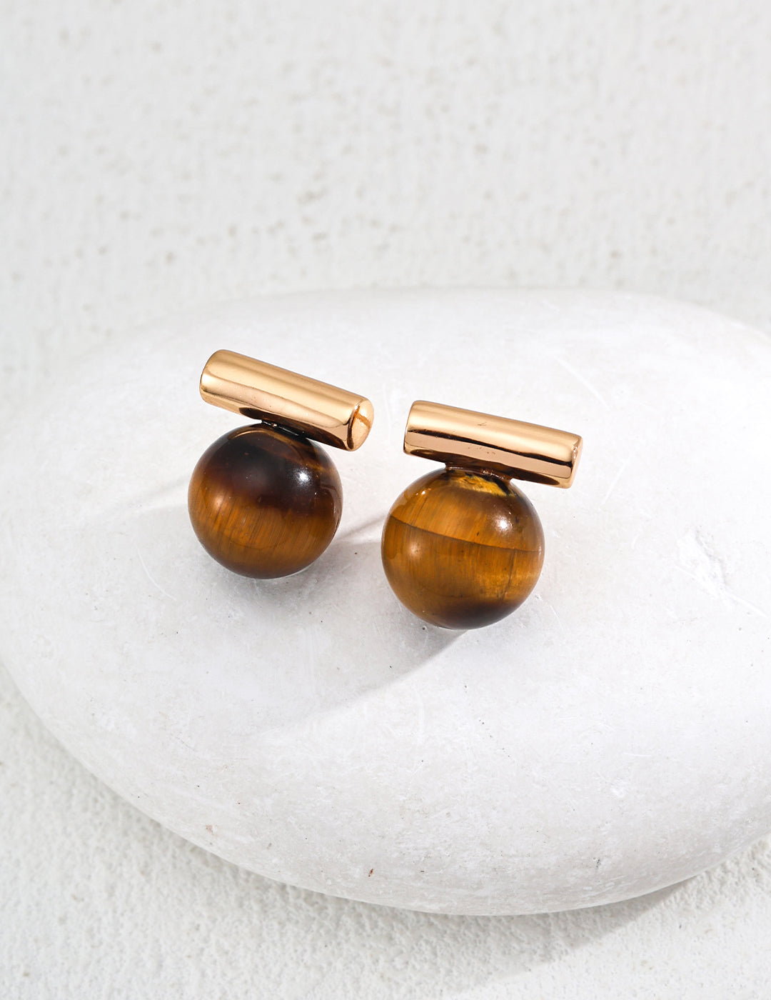 Mira Aura gold bar tiger eye stud earrings with round brown stones natural stone jewelry for women