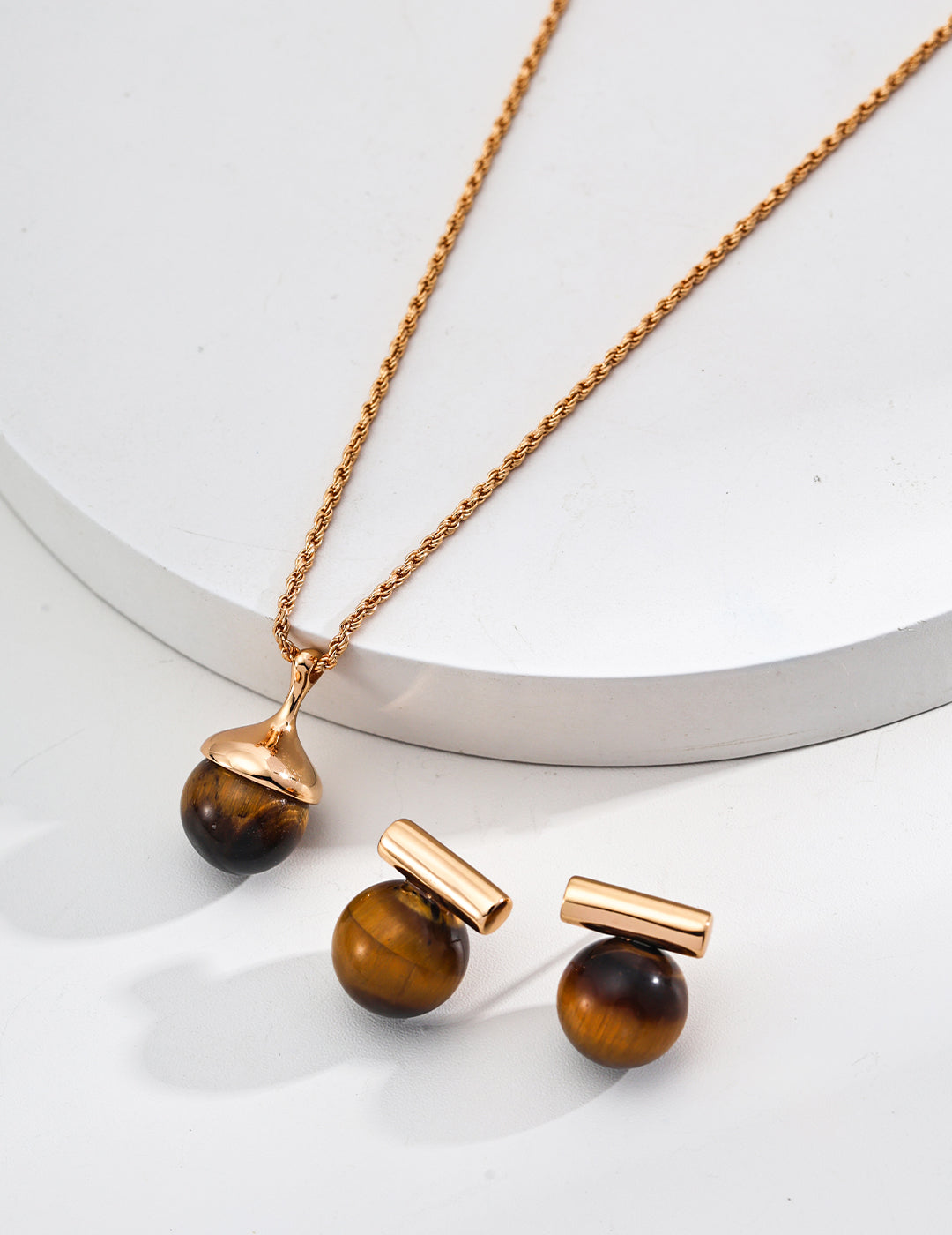 Gold plated tiger eye stud earrings with matching pendant necklace natural stone jewelry for women