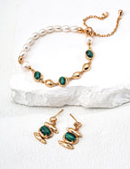 Mira Aura modern gemstone bracelet women with green stone and pearl beads on gold chain with matching earrings
