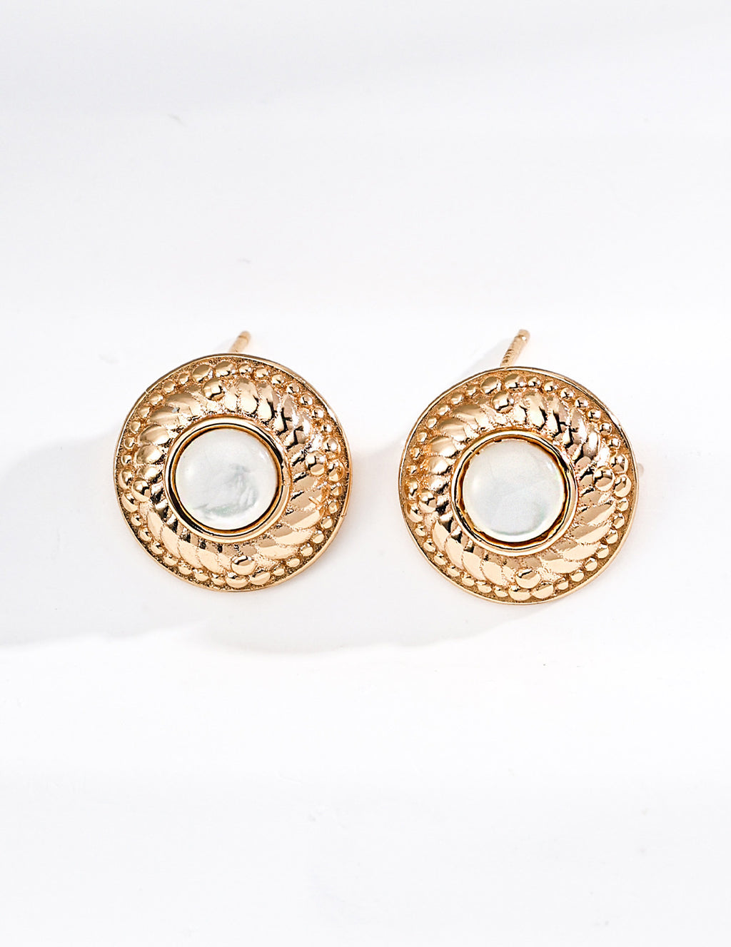 Mira Aura 14k gold plated pearl studs round textured gold disc earrings with mother of pearl center