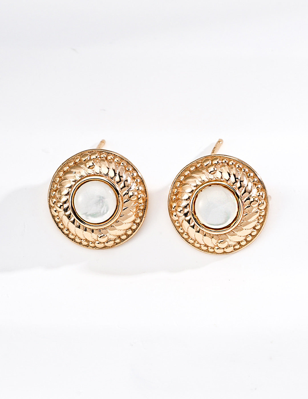 Mira Aura 14k gold plated pearl studs round textured gold disc earrings with mother of pearl center