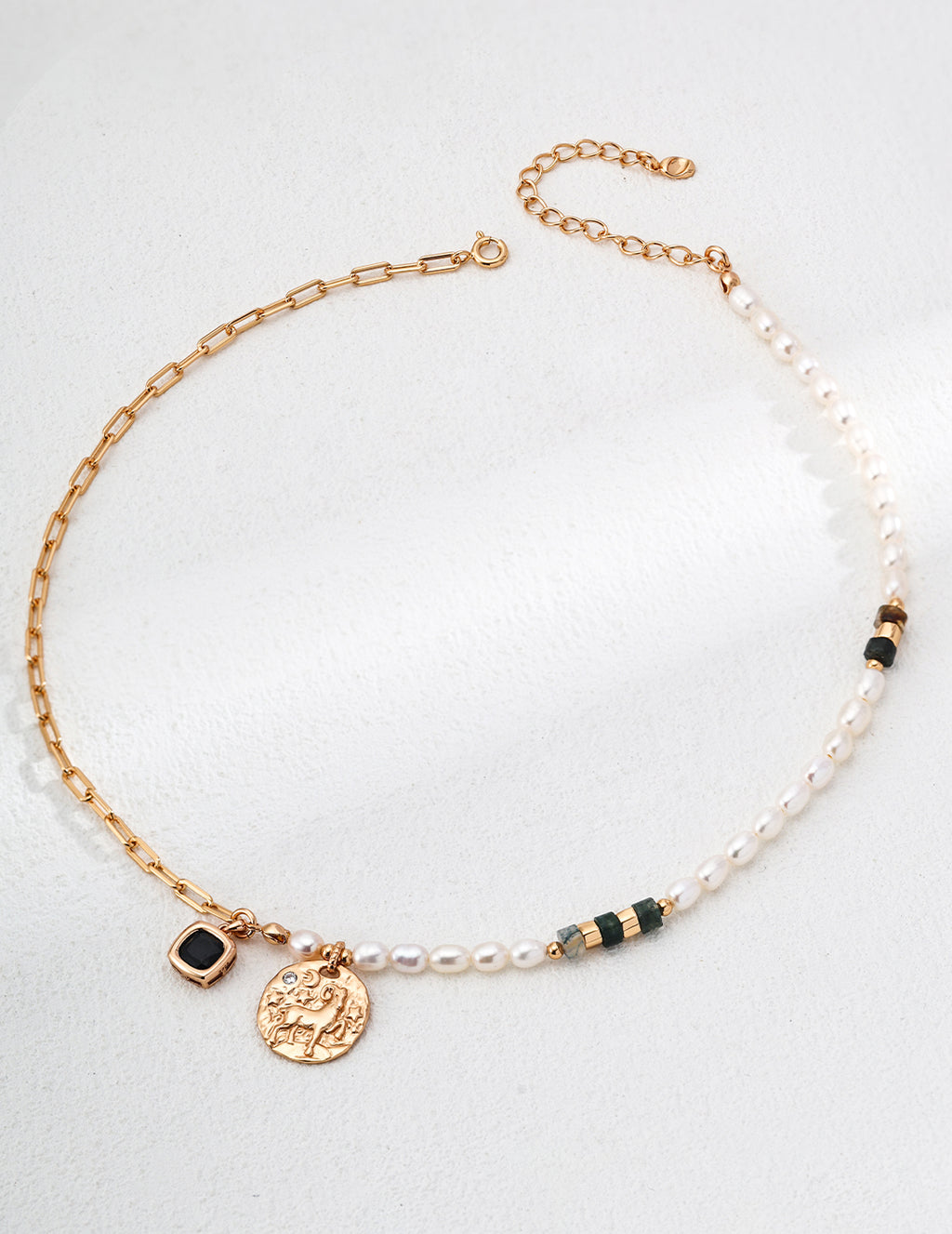 Mira Aura pearl and gemstone necklace for Aries half gold chain half freshwater pearls with coin charm