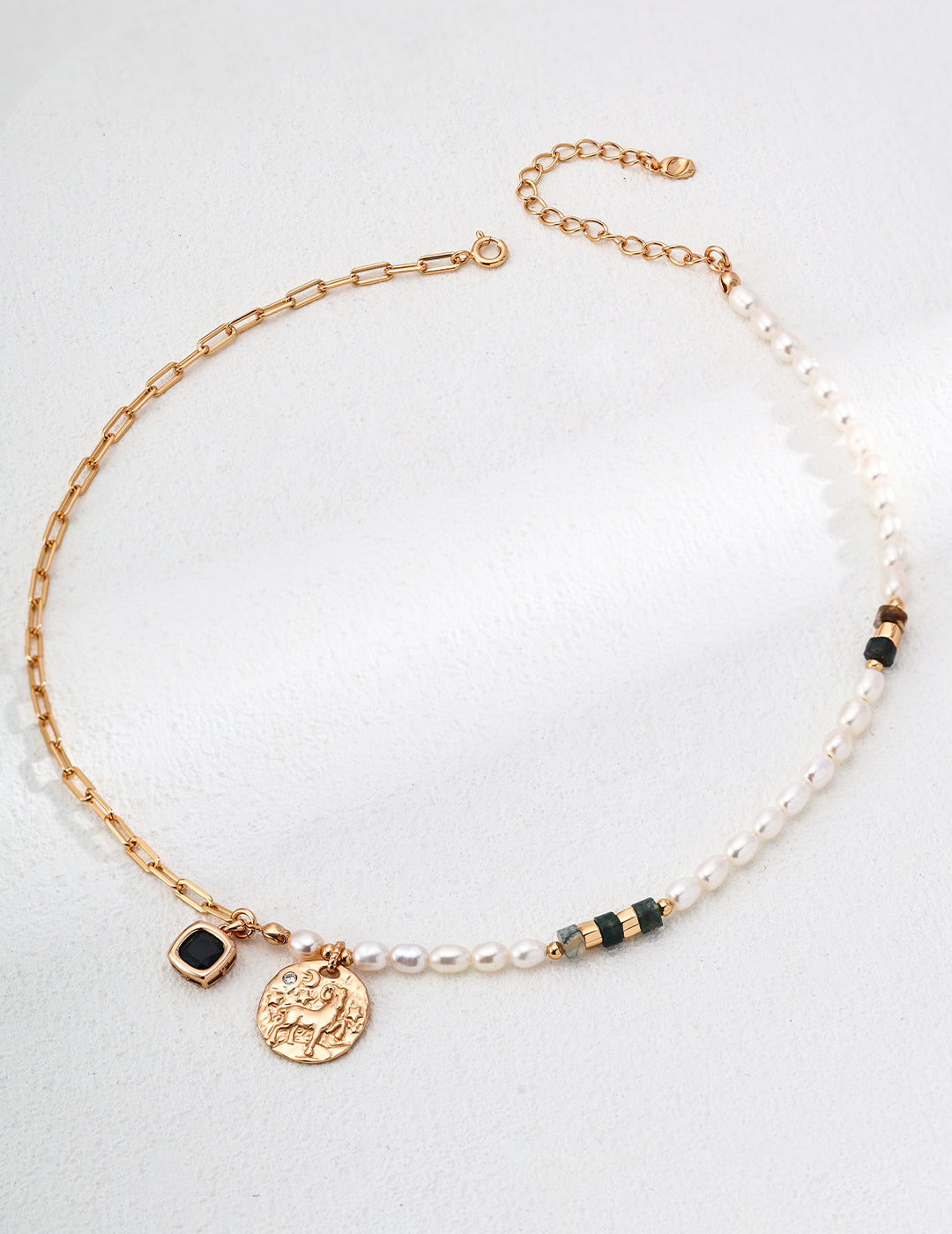 Mira Aura pearl and gemstone necklace for Aries half gold chain half freshwater pearls with coin charm