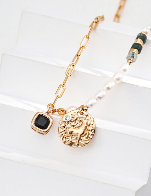 Gold chain with freshwater pearls green beads black square gem and Aries ram coin pendant pearl and gemstone necklace for Aries